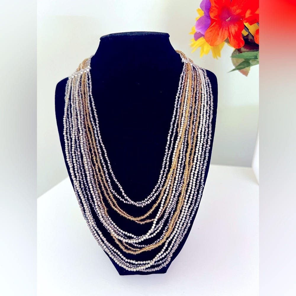 Elegant Multi-strand Gold and Silver Delicate Beaded Necklace - Picture 2 of 3